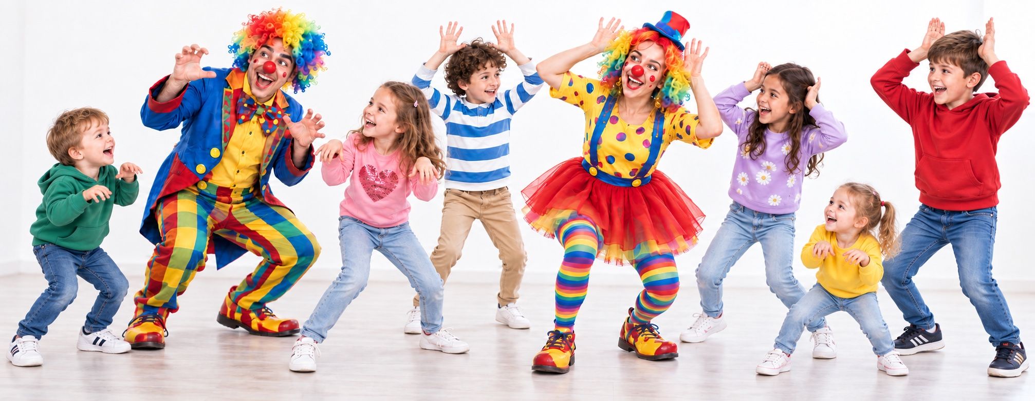 Imagen promocional de payasos y niños de distintas edades jugando juntos