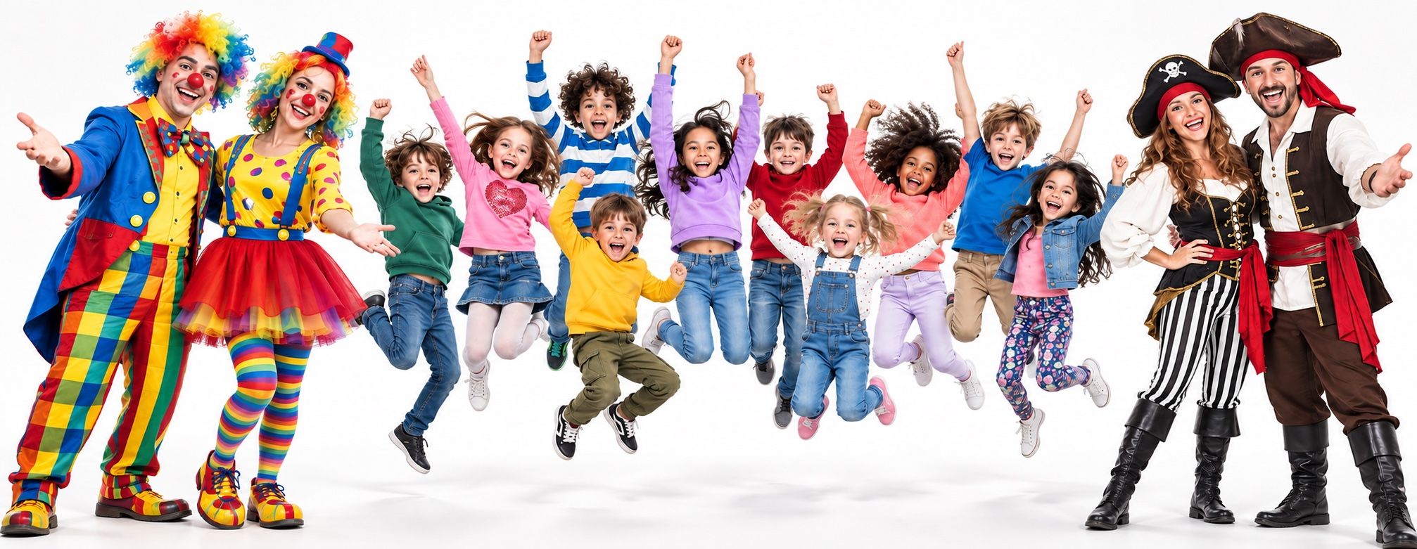 Imagen promocional de animación infantil con payasos, piratas y niños saltando